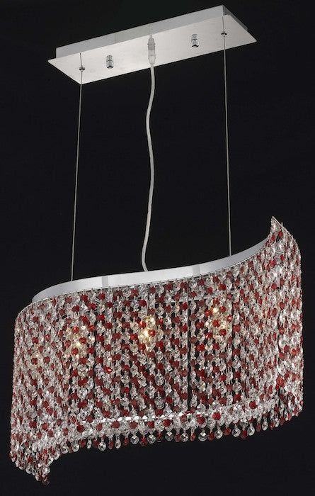 Moda Finish: Chrome Measurements(Inches):  Length: 32 Width/Diameter: 9 Height: 11 Chain/Wire Included: 6 ft. Lights: 5 Red