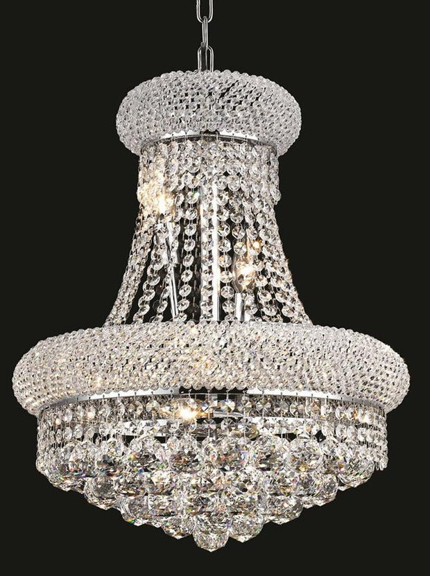 Primo Finish: Chrome Crystal Color: Crystal (Clear) Elegant Measurements(Inches):  Length: Width/Diameter: 16 Height: 20 Lights: 8