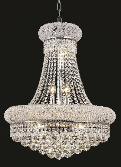 Primo Finish: Chrome Crystal Color: Crystal (Clear)Royal Measurements(Inches):  Length: Width/Diameter: 20 Height: 26 Lights: 14