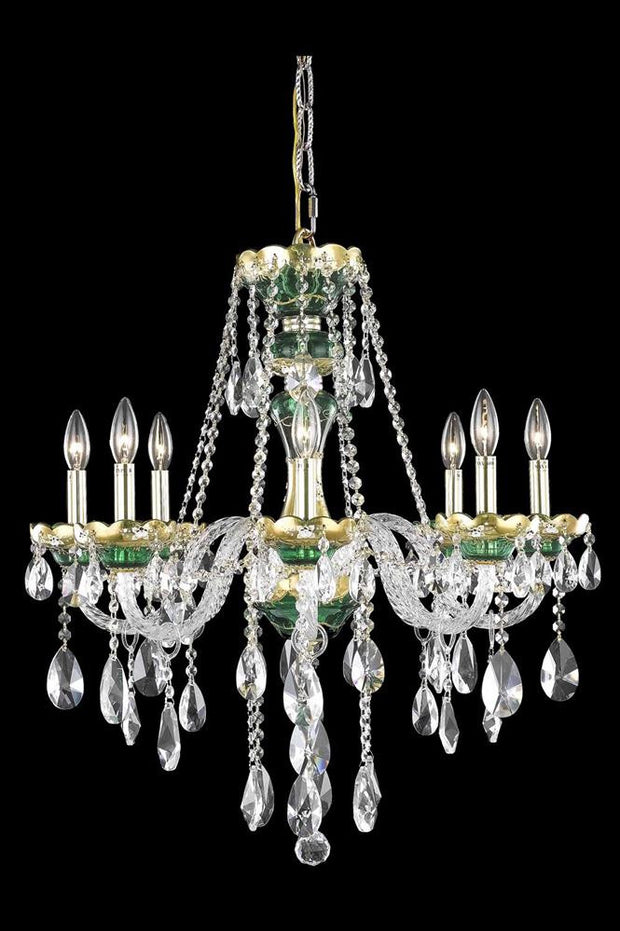 Alexandria Finish: Gold Crystal Color: Crystal (Clear) Elegant Measurements(Inches):  Length: Width/Diameter: 26 Height: 28 Lights: 8