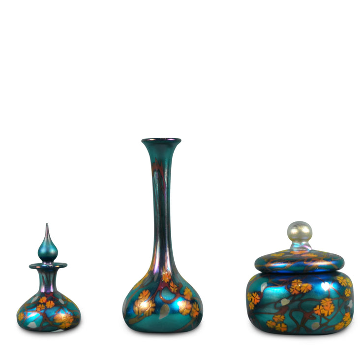 Blue California Poppy Little Eden Vanity Set - Bud Vase 10"H x 4"D Lidded Jewelry Jar 5"H x 5"D Genie Perfume 5"H x 3"D