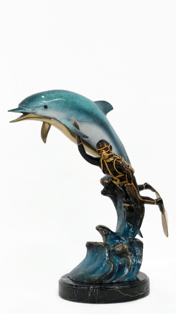 Dolphin with Diver and Marble Base 20"L x 9"W x 19"H