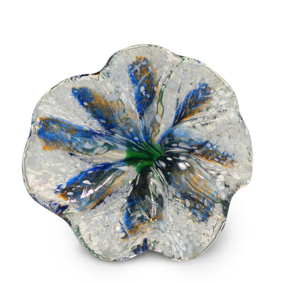 Blue Art Glass Flower with Orange and White Spots