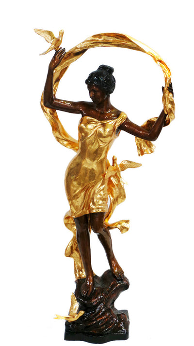 Lady with Bird on Marble Base - Gold Patina 28"L x 14"W x 64"H