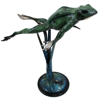 Large Frog Jumping Up on Marble Base - Special Patina 34"L x 13"W x 31"H