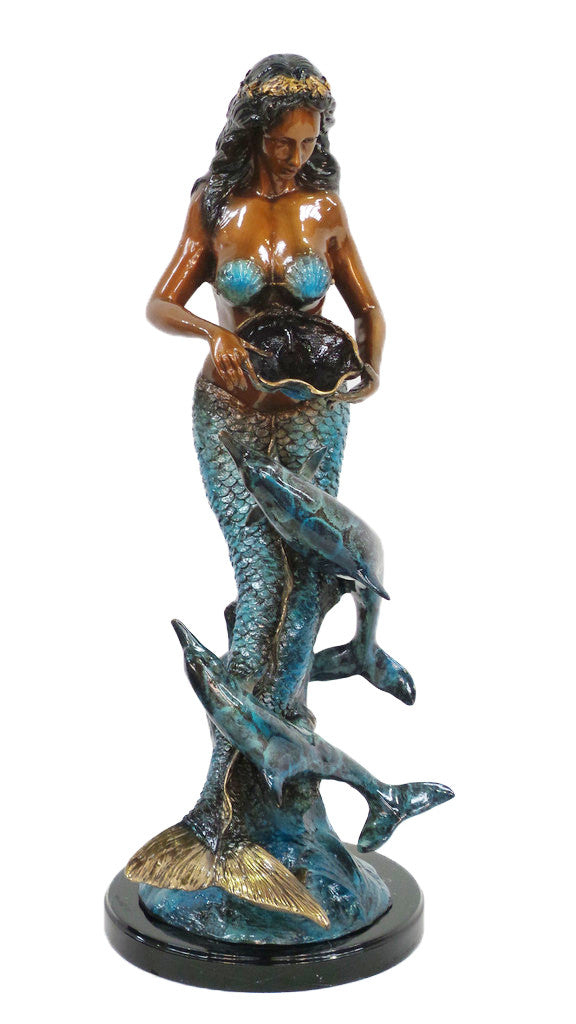 Mermaid with Dolphin Fountain - Special Patina on Marble 18"L x 16"W x 37"H