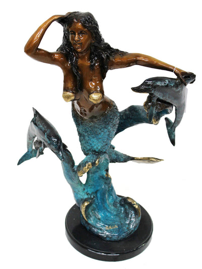 Mermaid with Dolphin on Marble Base - Special Patina 16"L x 12"W x 22"H