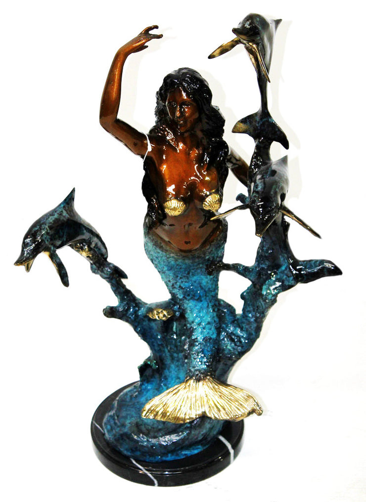 Mermaid with Three Dolphins on Marble Base - Special Patina 14"L x 11"W x 26"H