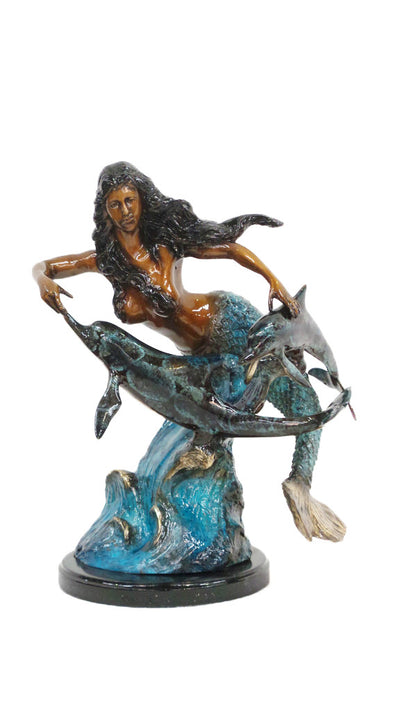 Mermaid with Two Dolphins on Marble Base - Special Patina 17"L x 11"W x17"H