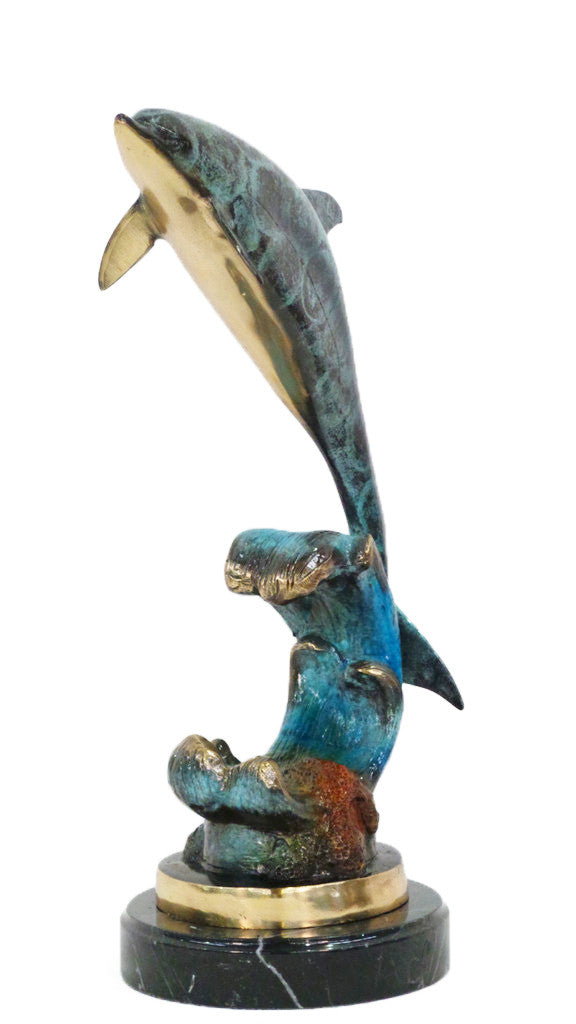 One Dolphin on Marble Base - Special Patina 14"L x 9"W x 19"H