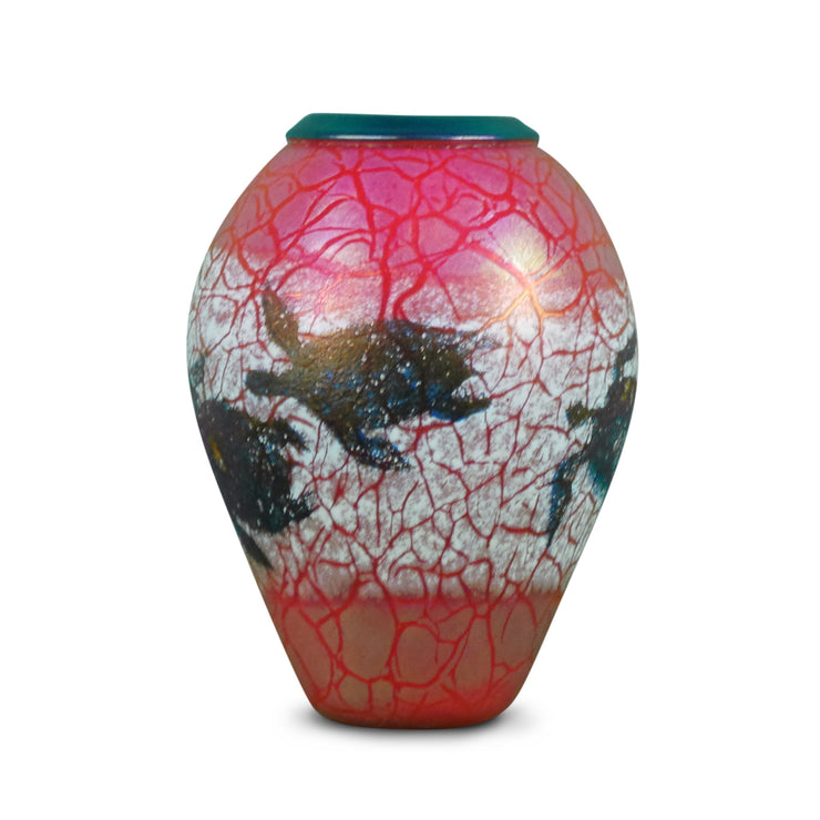 Red & Blue Pompeli Turtle Vase with Folded Lip 6"H  x 4"D