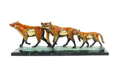 Three Wolves on Base and Marble Base with Special Patina 38"L x 9.5"W x 13"H