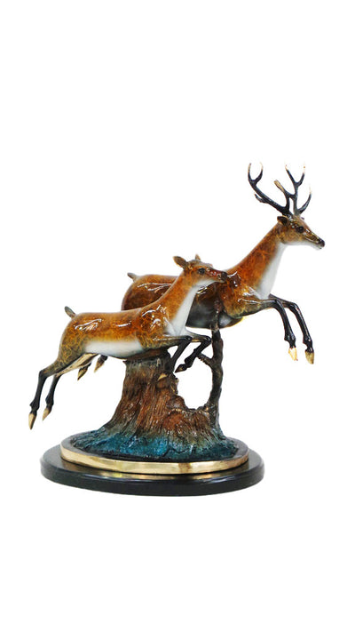 Two Deer Jumping on Marble Base - Special Patina 11"L x 23"W x 21.5"H