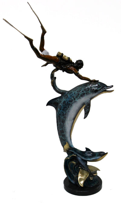 Two Dolphin with Diver and Marble Base 23"L x 12"W x 51"H