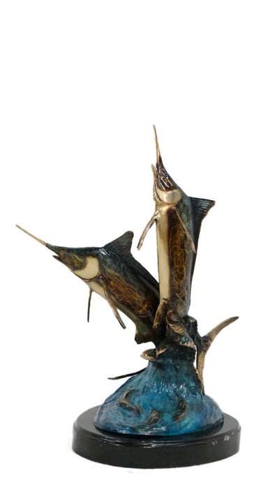 Two Sword Fish on Marble Base - Special Patina 14"L x 16"W x 22"H