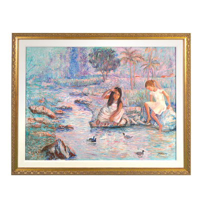 Little Girls Play with Ducks Original Oil Painting by Shadian 46.5"W x 36.5"H